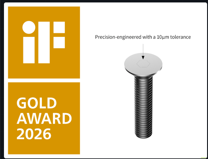 F-head fastener rendering with iF Gold Award 2026 badge
